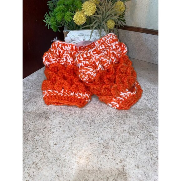 Handmade Hand Knit Orange 70’s Print Yarn Knit Hand Warmers Fingerless Gloves - Picture 3 of 5